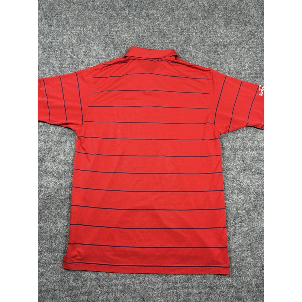 Dunning Men's L Polo Shirt Red Blue Striped Short Sleeve Polyester Embroidered - Picture 9 of 11